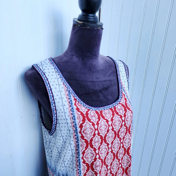 MAX STUDIO Women’s SHIFT DRESS Stretch SLEEVELESS BLUE RED White KEYHOLE Sz L - Picture 2 of 11